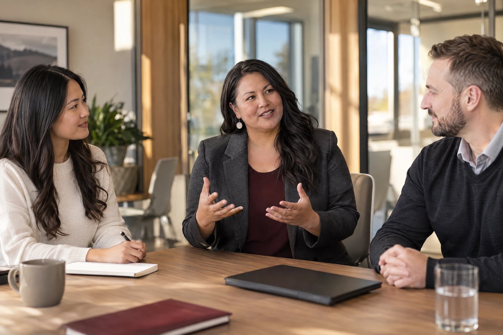 Illustrative business facilitator leading a small professional learning discussion in a meeting room