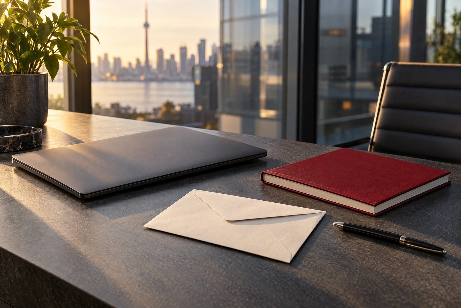 Conceptual privacy image of a closed laptop, sealed envelope and notebook without personal information