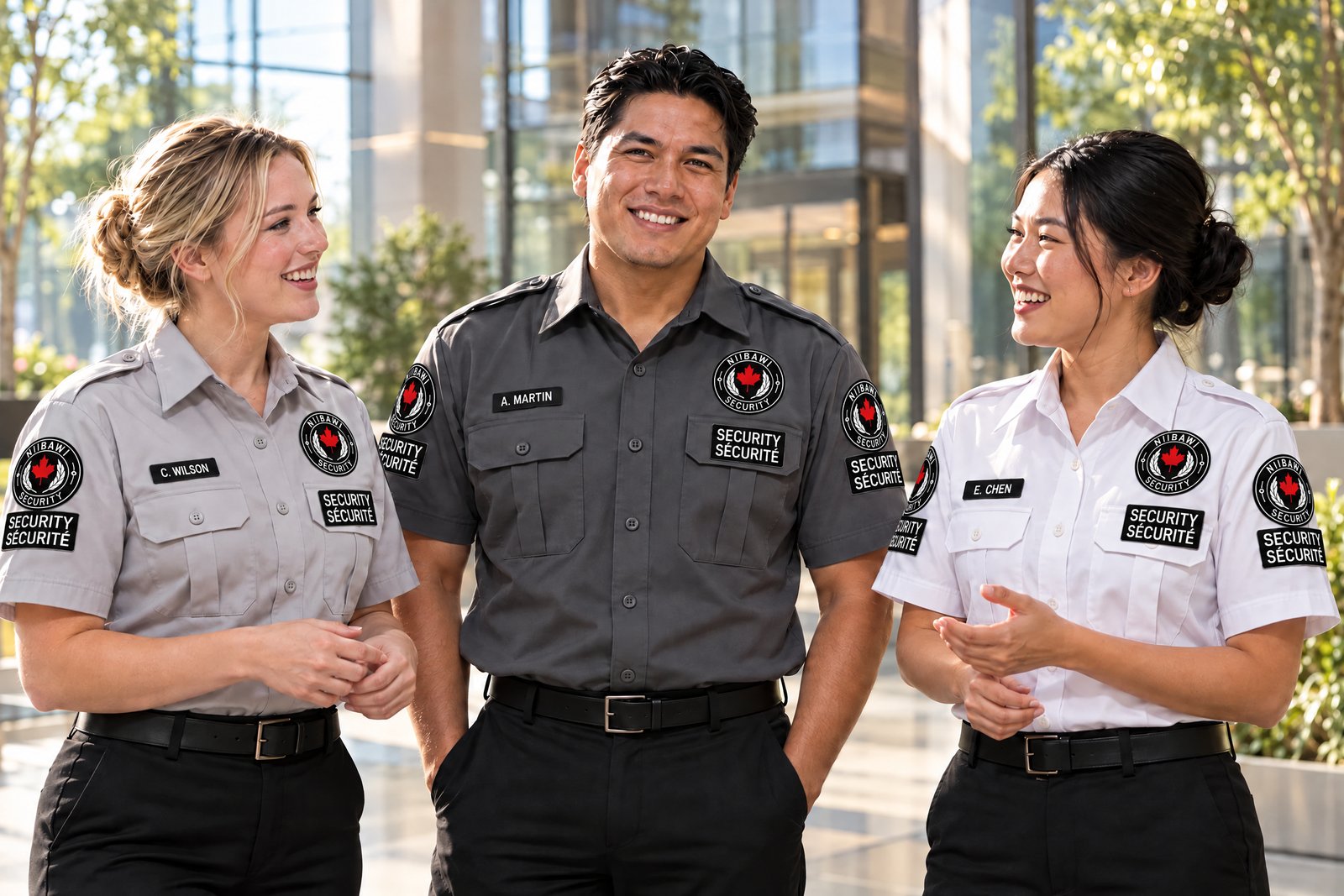 Illustrative three-person security team in charcoal, white and grey security uniforms with clearly separated chest identification