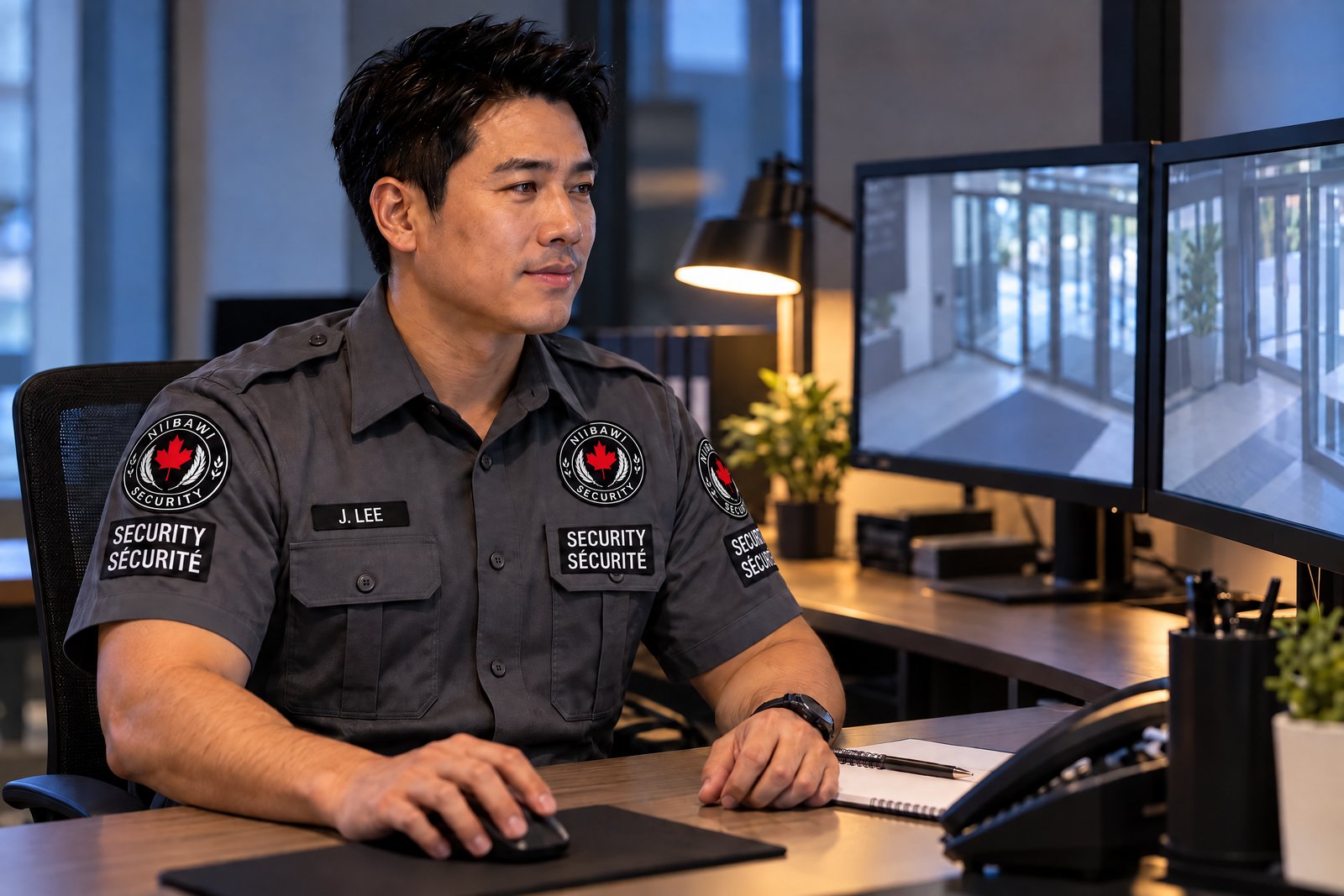 Illustration of a security professional reviewing generic building views at a monitoring workstation
